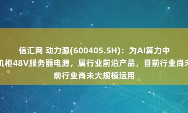 信汇网 动力源(600405.SH)：为AI算力中心提供的整机柜48V服务器电源，属行业前沿产品，目前行业尚未大规模运用